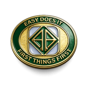 AA medallion with golden details trimmed in emerald green celebrating 35 years