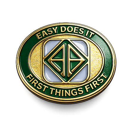 AA medallion with golden details trimmed in emerald green celebrating 35 years