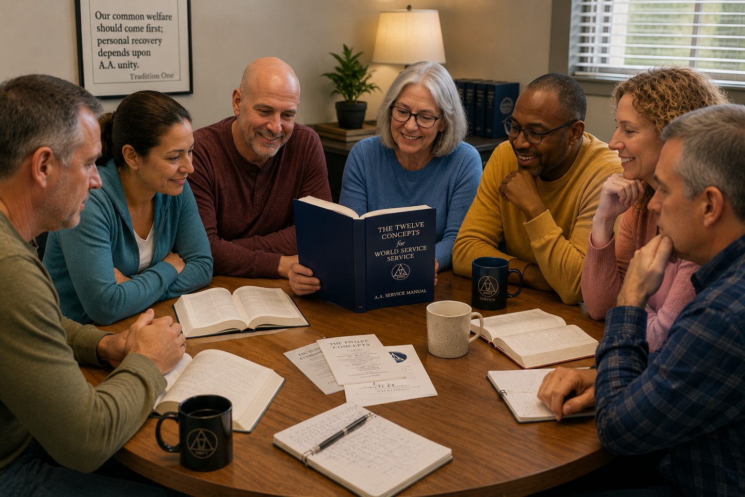 Alcoholics Anonymous members studying the Twelve Concepts for World Service Service Manual together around a round table during an AA group service meeting.