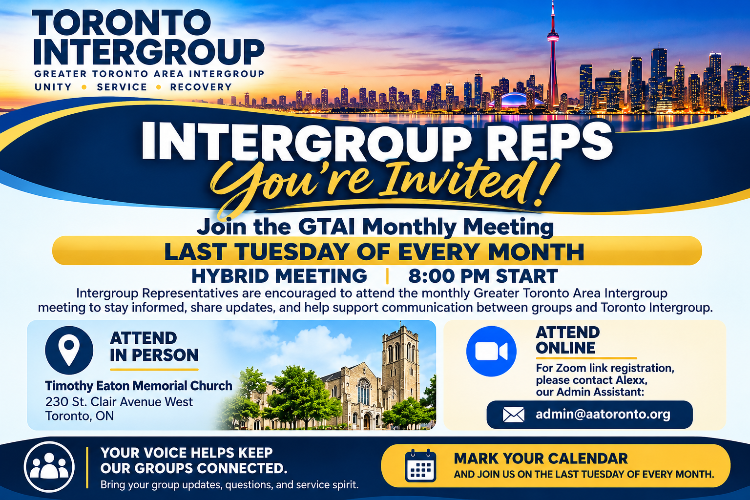 Toronto Intergroup Monthly Meeting Invitation